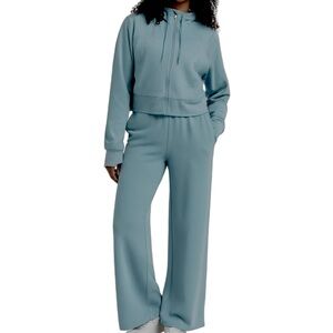 Steel Blue Lounge Set - Full Zip Hoodie + Ribbed Wide Leg Sweatpants
